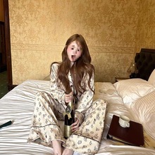 KT可爱鬼复古设计舒适冰丝睡衣女春秋季成熟长袖长裤感套装家居服