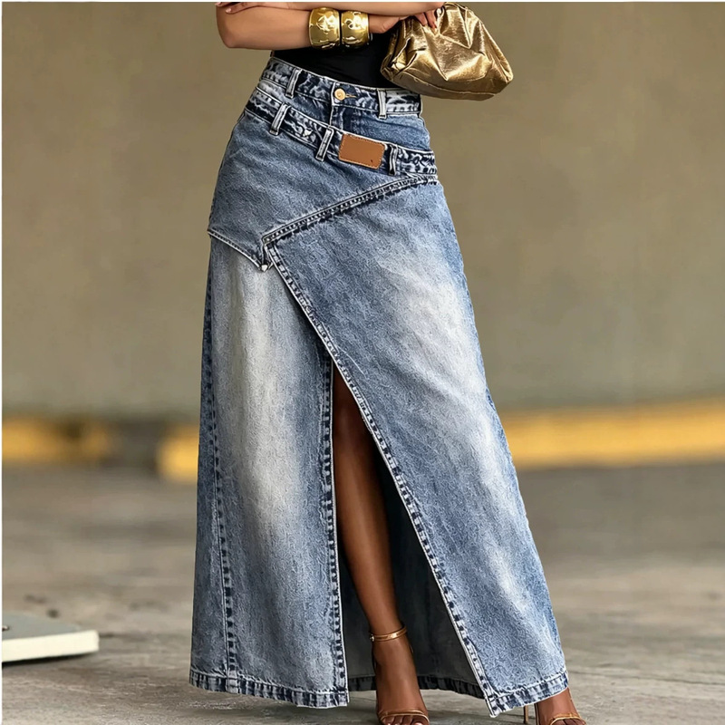 Cross-border independent site Amazon 2026 new design layered washed denim half-length skirt for women