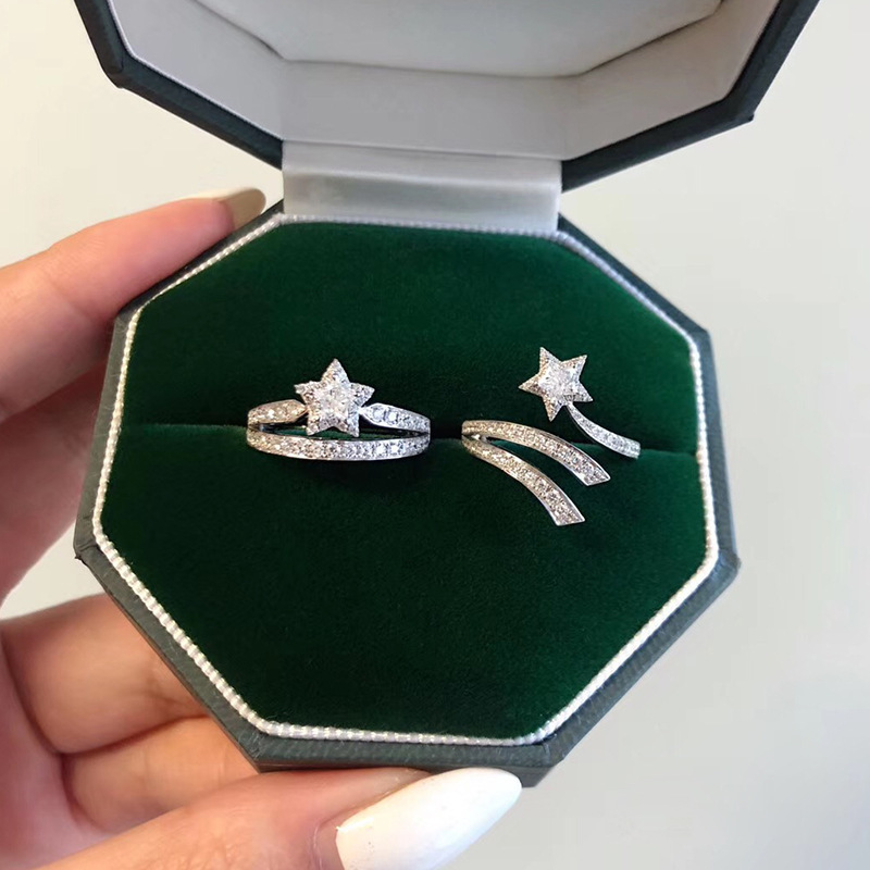 Super Immortal Design Double-layer Winding Sun, Moon and Star Engagement Diamond Ring Female Ring Five-pointed Star Diamond Simulation Zircon Ring