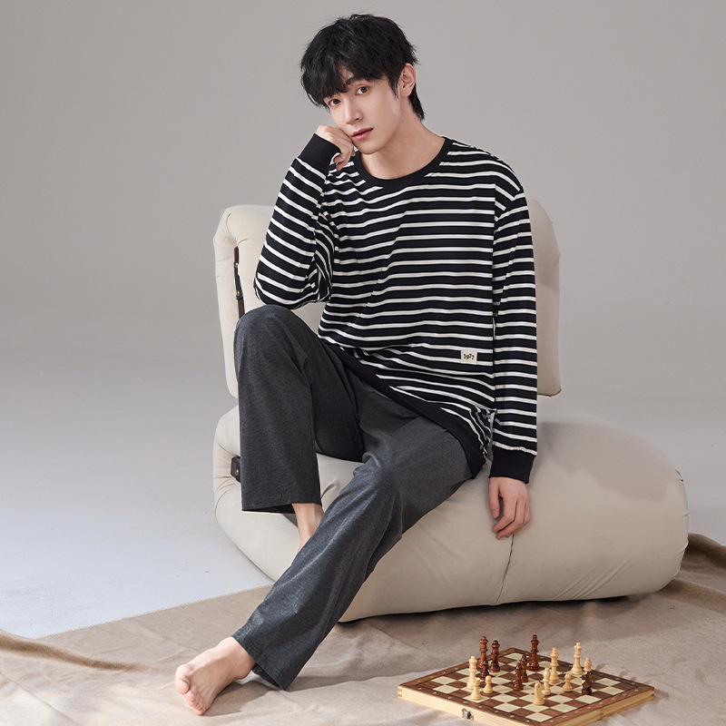 Pijamas de algodón de manga larga para hombres primavera y otoño ocio simple algodón 2024 nuevo conjunto de ropa de hogar de cuello redondo juvenil
