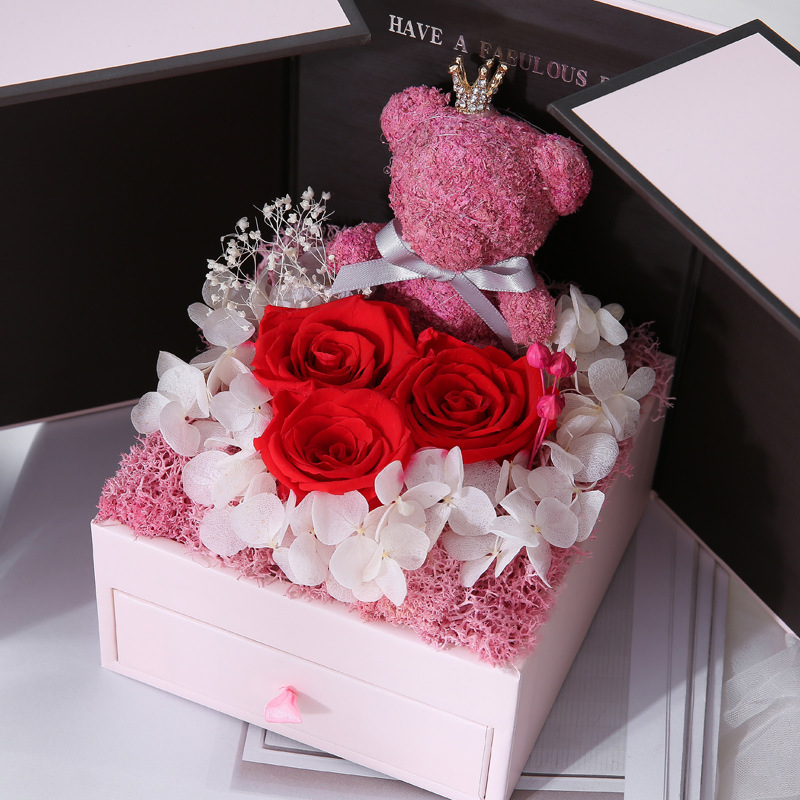 Festtagsgeschenke Weihnachten Valentinstag Bär Geschenkbox mit konservierten Blumen Doppeltür Rosen-Halskette Schmuckkästchen Weihnachtsgeschenk Lippenstift Geschenkbox_voghion.com