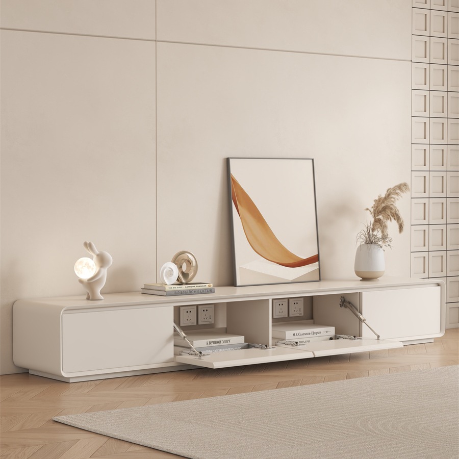 Casual Rounded Corner Tv Cabinet White Cream Style Modern Small Living Room Scandinavian Floor-Standing Solid Wood Tv Cabinet E^