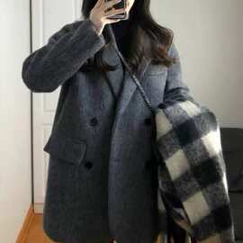 灰色呢子大衣女短款毛呢外套秋冬2023年新款赫本风爆款高级小个子