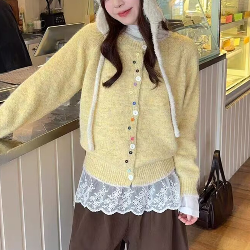 2025秋季新款宽松百搭开衫外套女潮韩系彩扣撞色软糯长袖针织毛衣|undefined