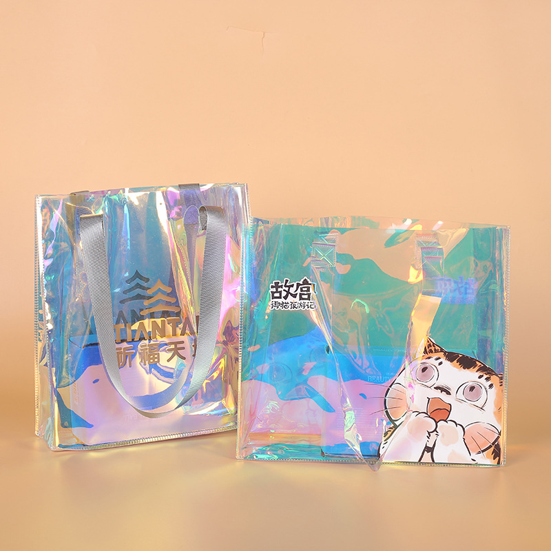镭射pvc手提袋网红炫彩袋子软胶果冻包礼品袋 透明塑料购物袋批发