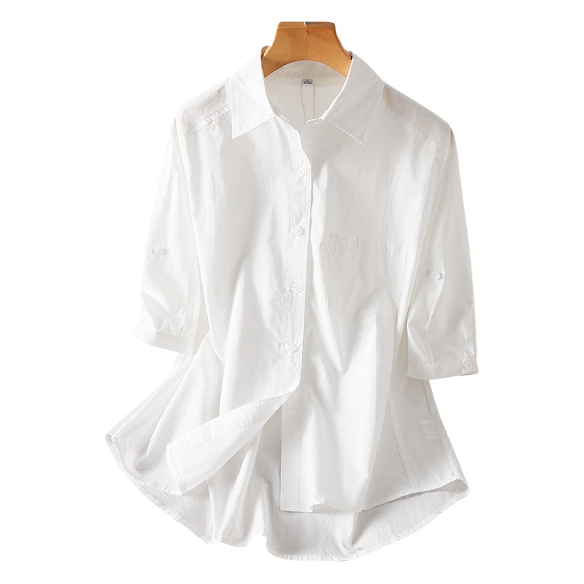 Camisa de algodón puro azul claro para mujer, venta directa de fábrica, manga corta, diseño de verano 2026, top de estilo nicho, camisa de algodón puro.