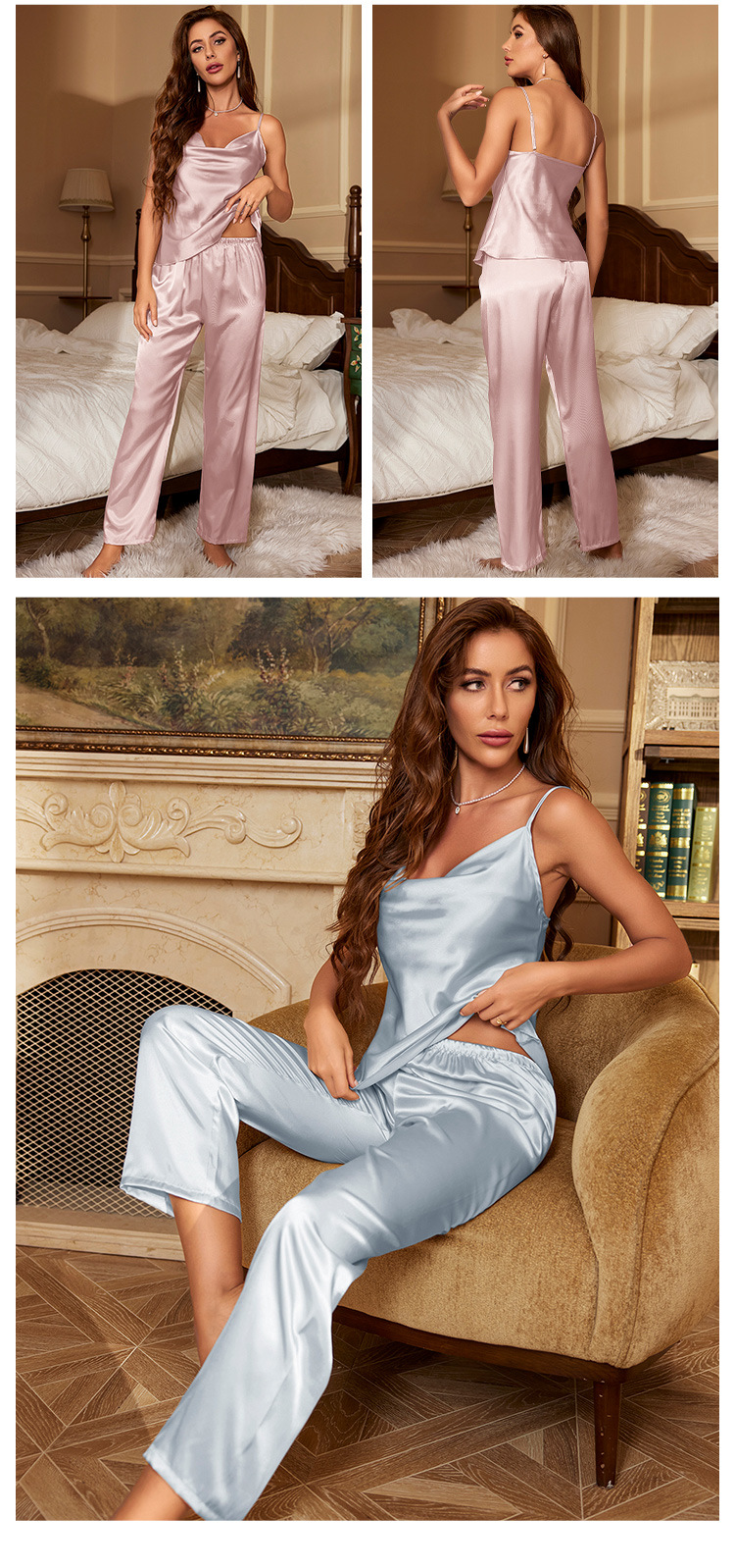 Home Women's Elegant Solid Color Imitated Silk Polyester Pants Sets Pajama Sets display picture 5