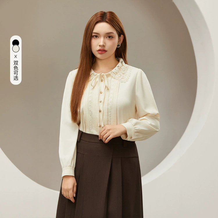 Тонкое шоу Плюс Размер Женская одежда французский стиль орган плиссированные полые лацканы элегантная пригородная рубашка Толстая mm2024 ВЕСНА Новинка