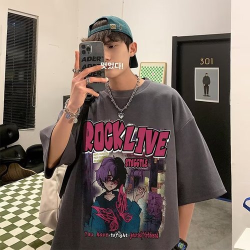 Pure Cotton New Wine Red T-Shirt for Men, American Style Trend Brand Retro Heavyweight Short-Sleeve Summer National Trend Casual Loose Half-Sleeve