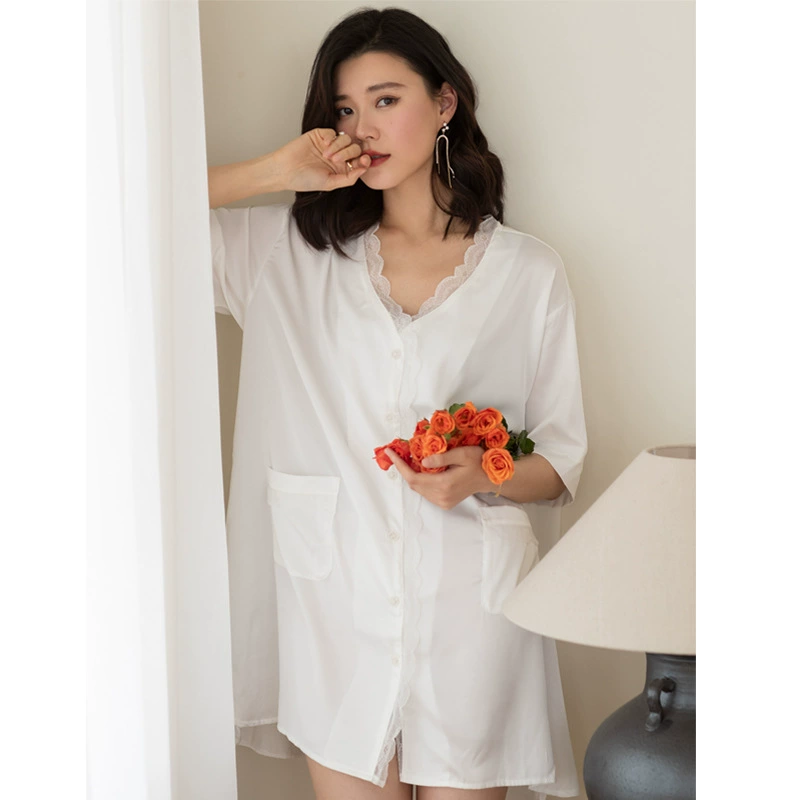 Сексуальная Пижама зимняя белая рубашка в стиле бойфренда Женская Осенняя плюс размер ледяной шелк белая кружевная ночная рубашка с длинным рукавом зимняя длинная
