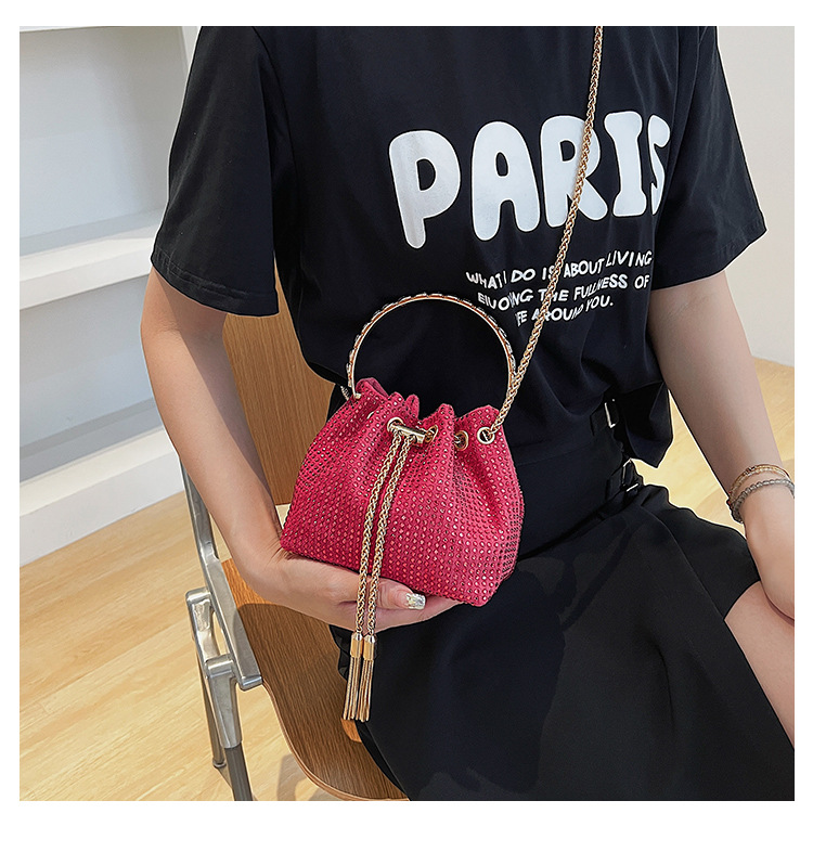 328g Weight Polyester Lining Material String Closure Type Single Shoulder Strap Strap Type Bucket Bag Bags Type Shopping Occasion Pu Leather Material Solid Color Pattern Women'S Gender Rhinestone Design Fashion Style Bucket Shape Small Size Women's Small Pu Leather Fashion Bucket Bag 3