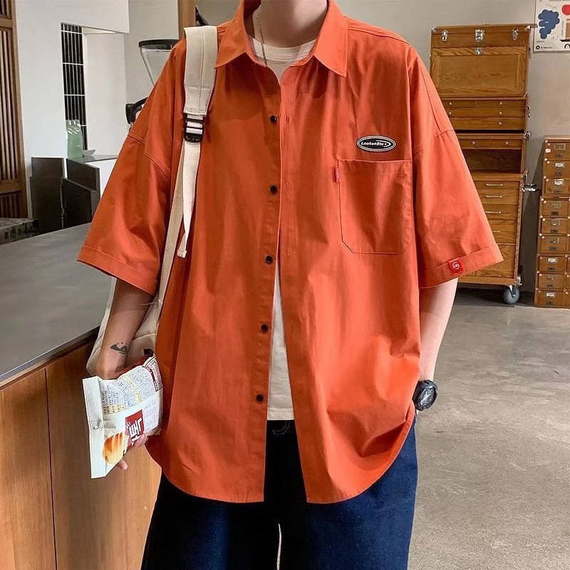 Solid Color Shirt Men's Summer Thin Korean Style Fashionable College Style Handsome Tooling Shirt Hong Kong Style All-match Loose Jacket