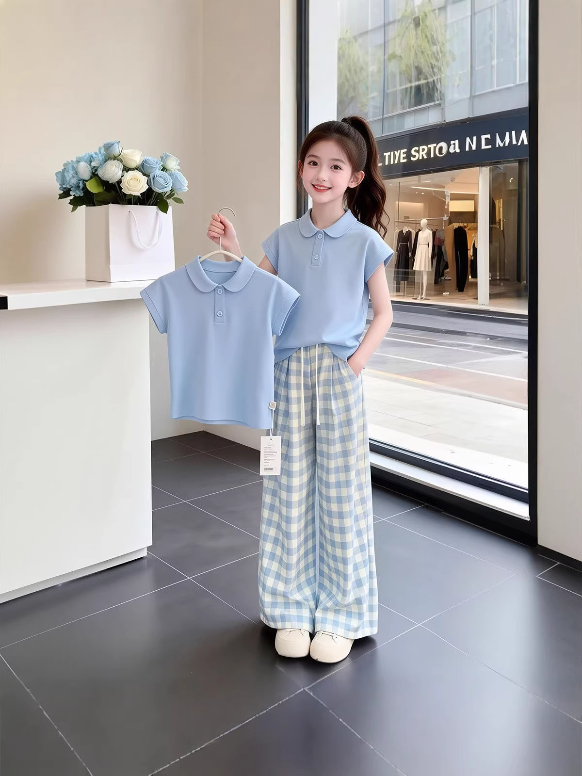 Qiz bolalarga yozgi yangi polo short + quadrat shimlar to'plami