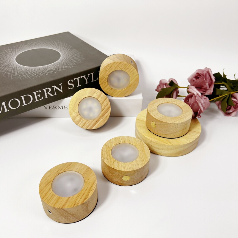 Acrylic Diffuser Night Light with Solid Wood Luminous Base, Touch Switch, Round Small Lamp Holder, Wooden Craft Gift