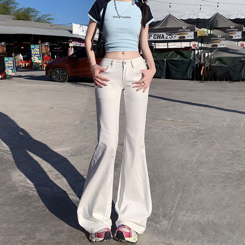 High Waist Elastic White Micro-flare Jeans Women's 2025 New Low Waist Slimming Korean Style Instagram Style Straight Pants