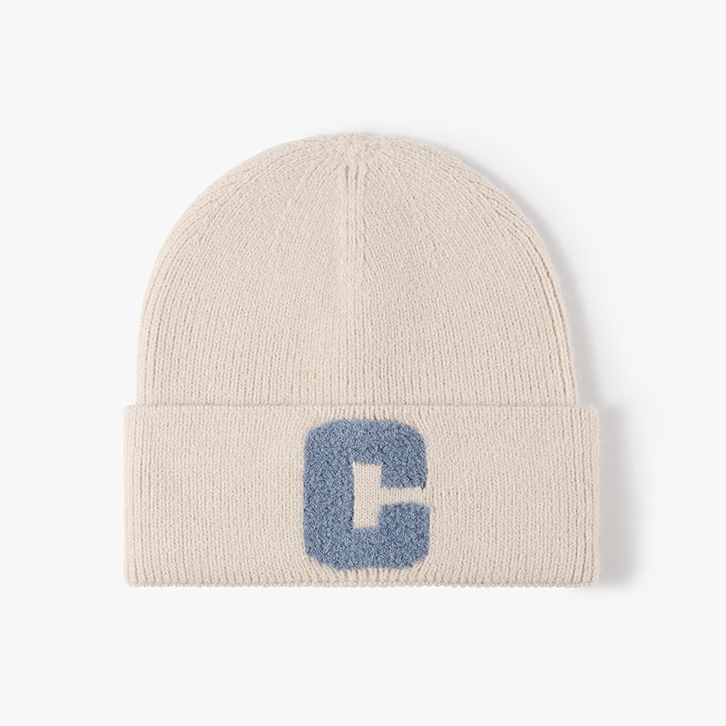 Autumn and Winter Women's Alphabet Towel Embroidered Warm Brimless Wool Hat Fashionable Outdoor Thickened Ear Protector Knitted Hat_voghion.com