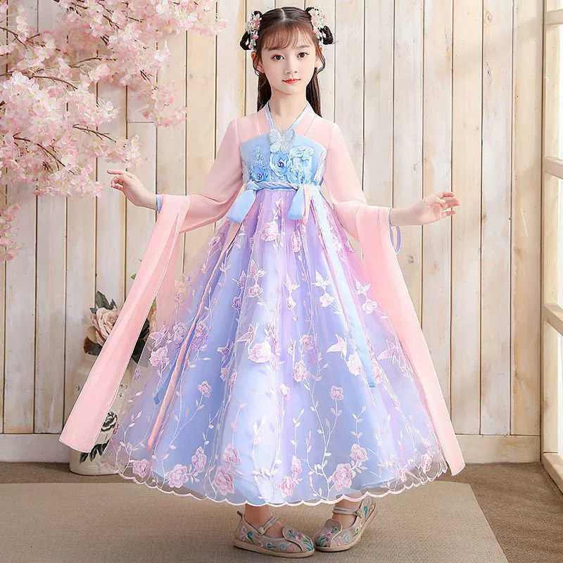 Осеннее платье для девочек 2024 новый стиль с длинными рукавами для детей Hanfu детская одежда платье принцессы девушки весна и осень юбка