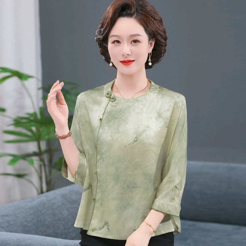 Средние и пожилые женщины летнее платье ретро шелковый топ футболка