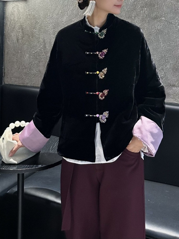 真丝活性丝绒重工钉珠葫芦刺绣精致手工一字扣国风加厚款棉衣秋冬|undefined