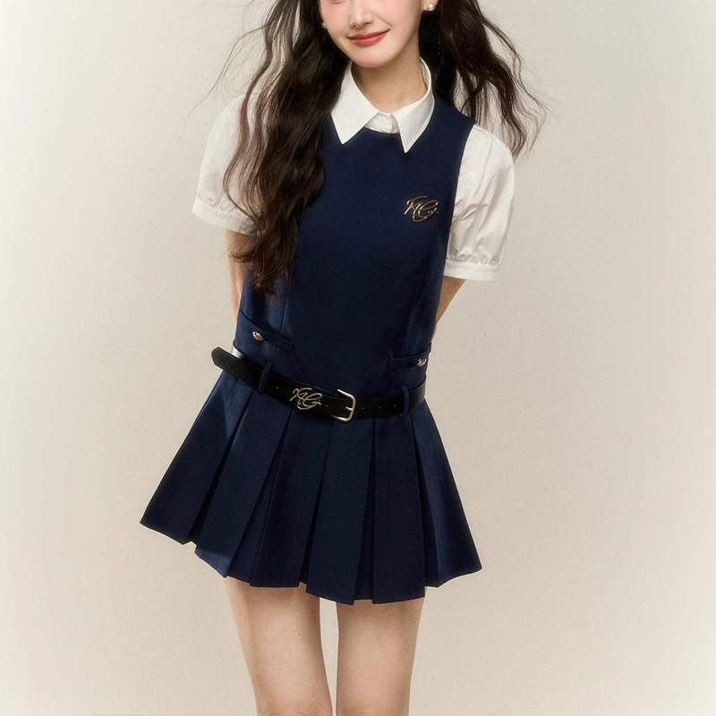 2025 Summer Korean College Style White Waist-Cinching Shirt Short-Sleeved Top Sleeveless Pleated Dress Suit Long-Sleeved