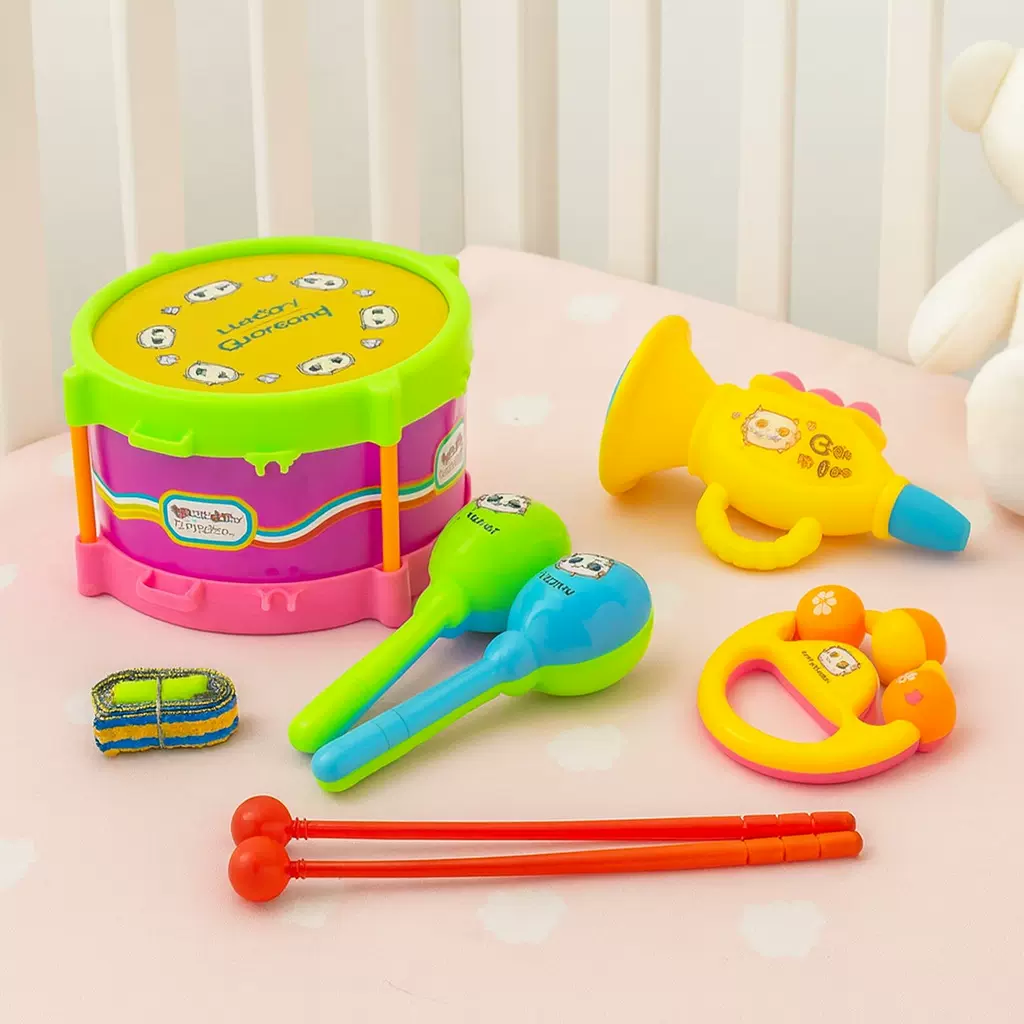 儿童摇铃沙婴幼儿玩具婴儿五件套装双面打击铃鼓喇叭宝宝批发