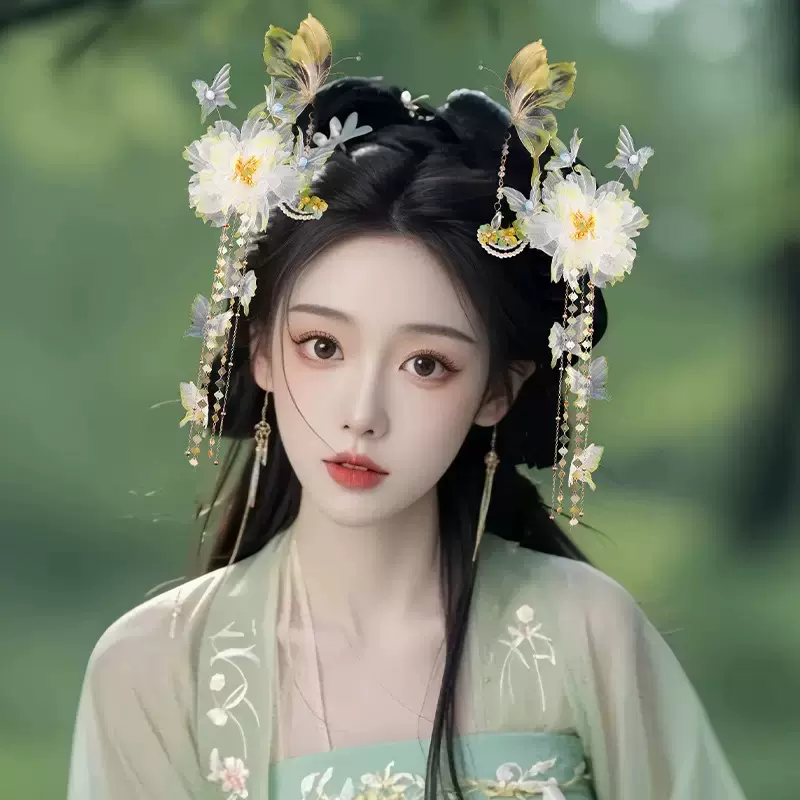 2025新款原创绿色头花仙气汉服头饰古风流苏步摇绢花对夹烫花发饰