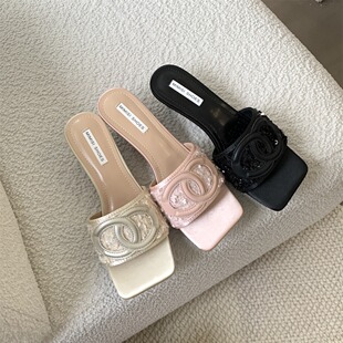Xiaoxiang Style Sequin High Heel Slippers Women's 2024 New Summer Internet Celebrant Ladies Square Heel Sandals
