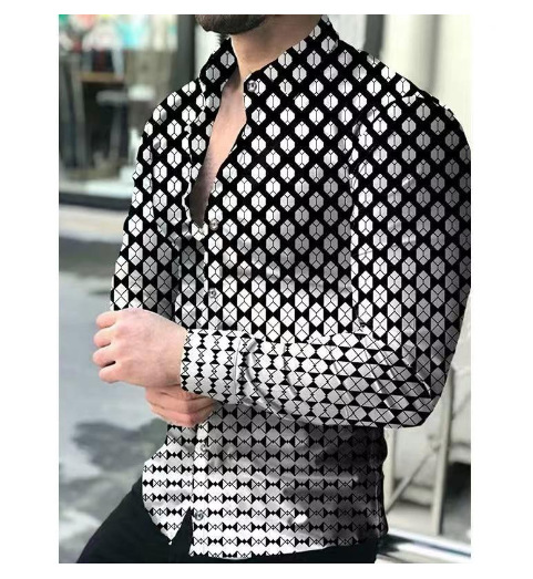 2023 Europea y América primavera nuevos hombres 3D impreso personalizado de solapa casual Camisa de manga larga de los hombres más tamaño camisa de los hombres