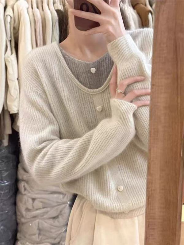 秋冬季新款设计感外穿针织衫上衣温柔风拼色假两件内搭套头毛衣女|undefined