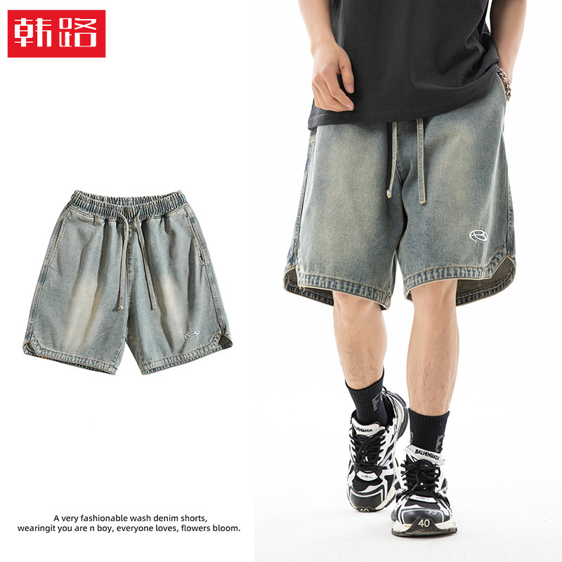 Korean Lu Men's Denim Shorts with Triangular Slit Hem Design Men's Summer New Trendy Embroidered Loose Five-Fifth Pants