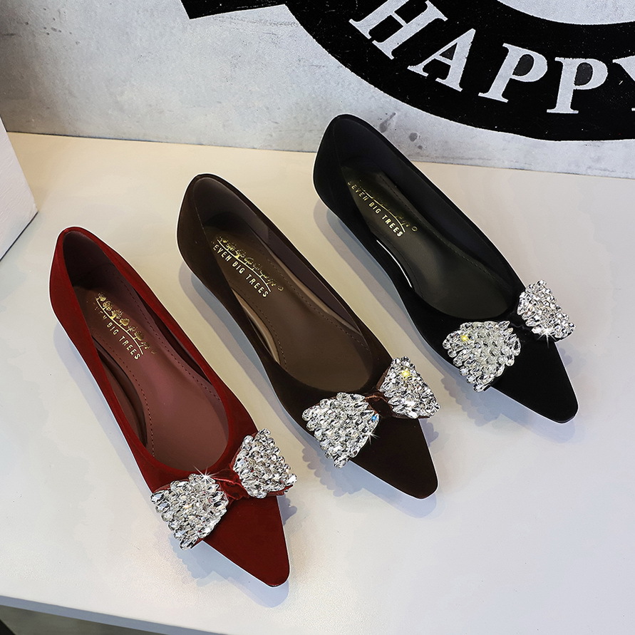 3685-H103 French-style Casual Versatile Women's Shoes With Rhinestone Bow, Wedge Heel, And Pointed Toe_vogvips.com