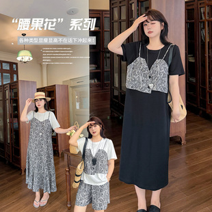 Eno Plus Size Women's Cashew Flower Series Fake Two-Piece Dress 2025 Summer New Short-Sleeved Suit 262734
