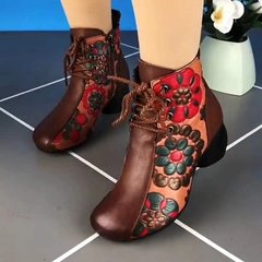 软皮民族风棉鞋女士2025秋冬季新款马丁靴加绒粗跟短靴软底妈妈鞋