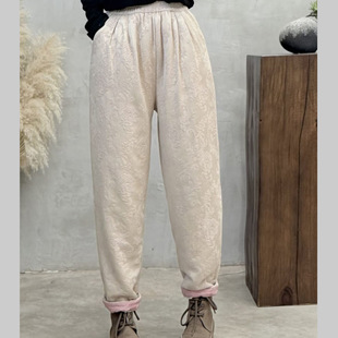 Winter New Jacquard Cotton Linen Thickened Cotton Pants Women's Elasto Waist Loose Leggings Trousers