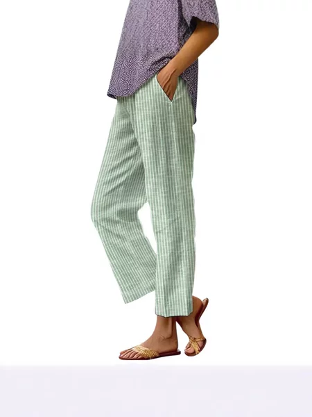 2026 Cross-Border Amazon New Style Loose Striped Pocket Cotton-Linen Elastic Waist Straight Striped Long Pants for Women