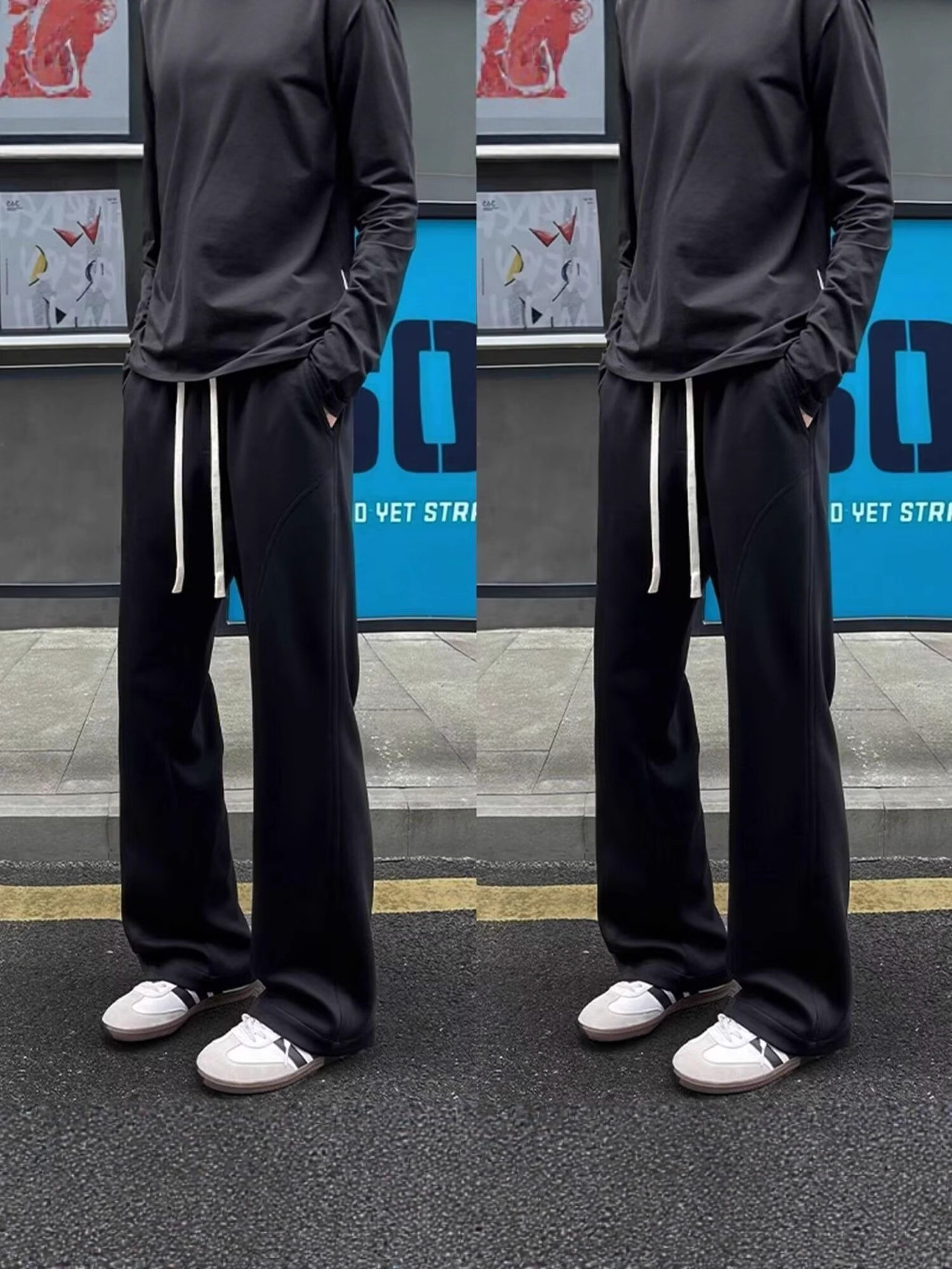 White Floral Gray Straight-Leg Curved Sweatpants for Men, Autumn and Winter Fleece-Lined Drape Sports Pants, American-Style Slanted Casual Flared Pants 4