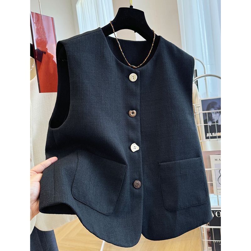 Spring and Autumn Style Round Neck Small Suit Vest Jacket Women's French Style Outerwear Sleeveless Waistcoat Versatile Top