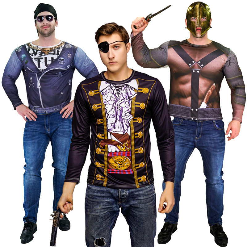 Halloween hombres Impresión digital de manga larga gladiador motocicleta mano fresco pirata juego rol etapa rendimiento