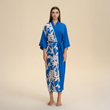 跨境新款大码睡衣女缎面雪纺春和服领长款浴袍Kimono Robe家居服