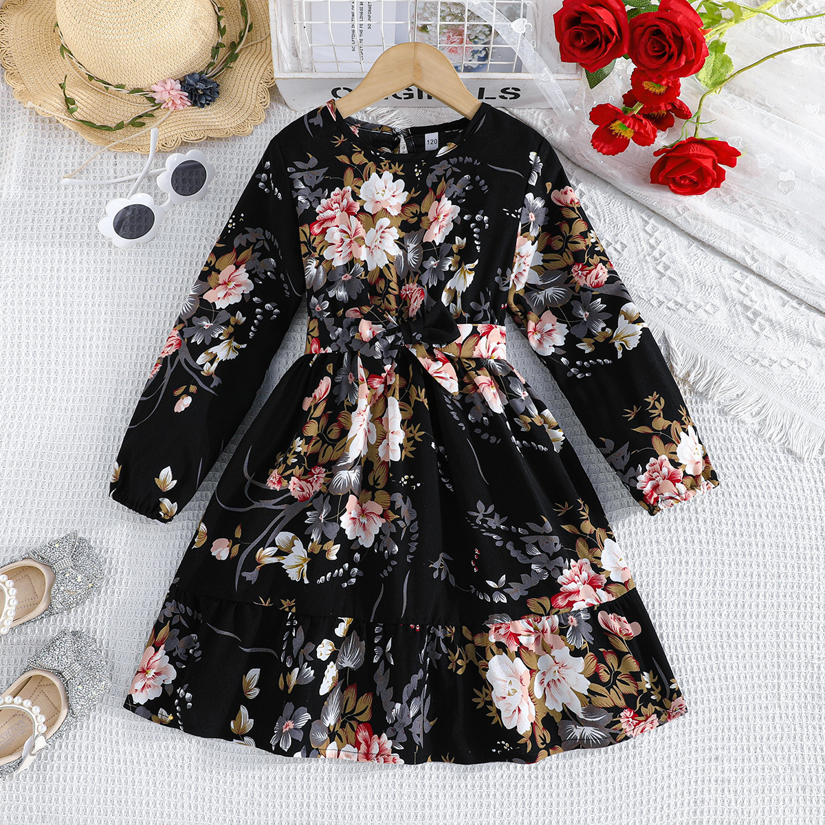 2024 Sommer neues zweiteiliges Set mit Blumendruck für Mädchen und Kinder mit langen Ärmeln und Gürtel_voghion.com