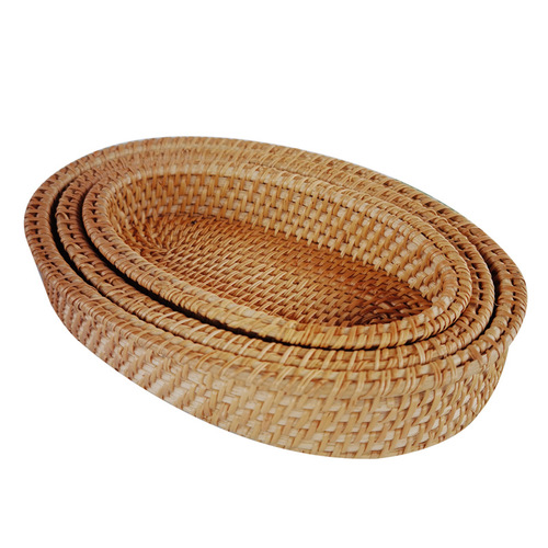 Vietnamese rattan hand-woven storage basket bread basket snack fruit small tray storage box oval three-piece set
