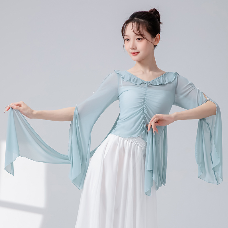 女性用クラシックダンス練習服、メッシュリボン、フリル、新しいスプライシングパフォーマンス服、トップス、エレガントな中国舞踊服|undefined