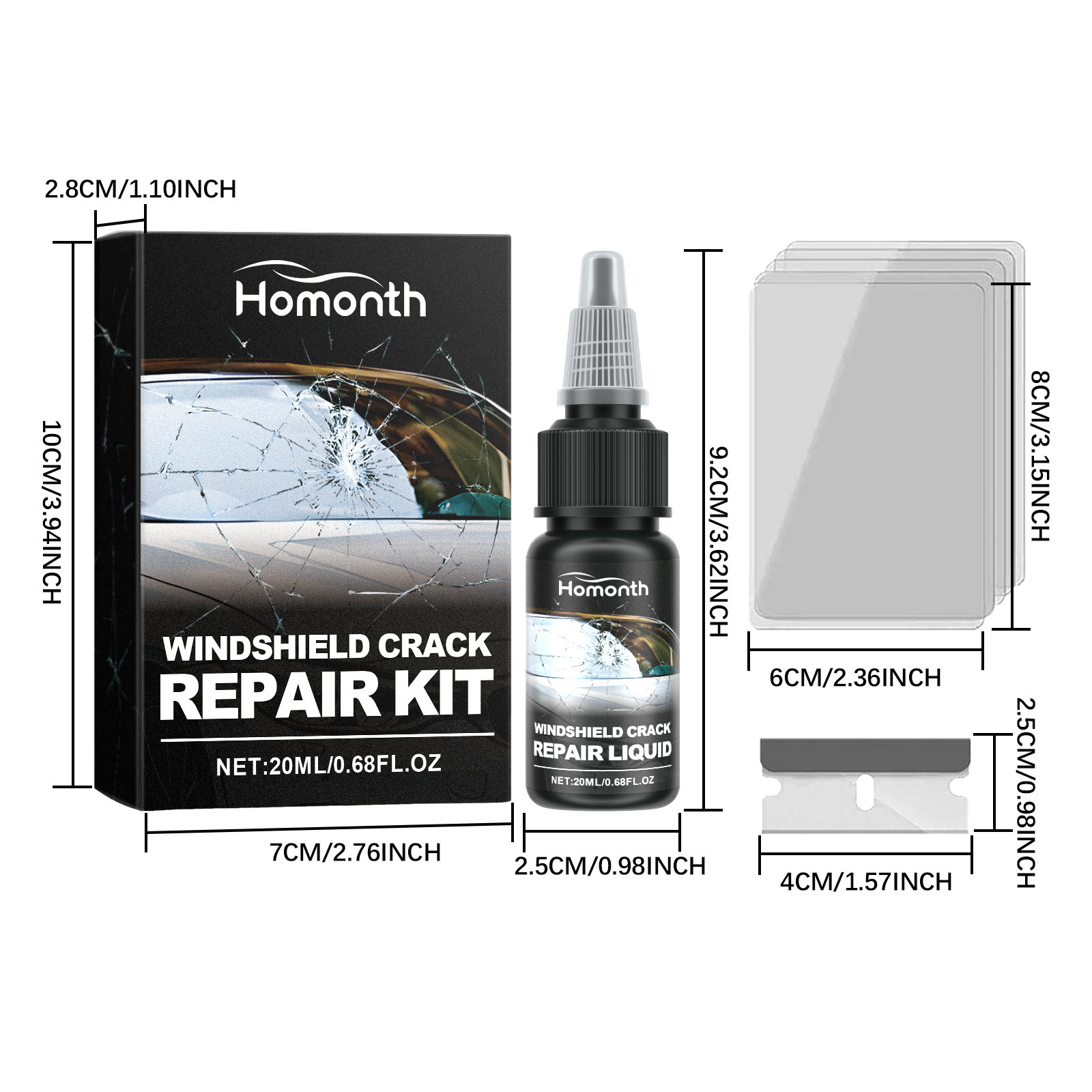 Homonth Glass Crack Repair Kit Clear Vision Car Windshield Nano Repair Fluid Kit