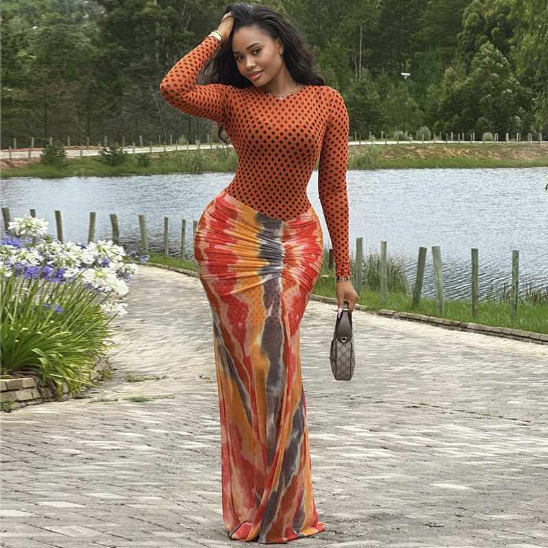 In-Stock European and American Cross-Border Women's Clothing 2025 Autumn and Winter New Fashion Sexy Long-Sleeved Slim-Fit Bodycon Printed Dress