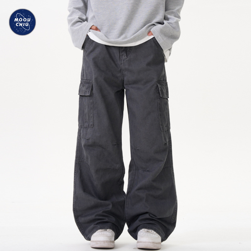 Muqiu Men's Wear ∠ Maillard Vintage Washed Overalls Men's American Style High Street Loose Straight Wide Leg Casual Pants