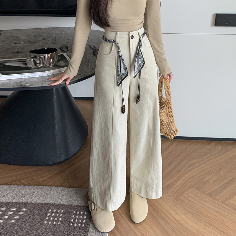 2025秋新天丝棉高腰显瘦设计感腰带高腰长裤宽松阔腿休闲裤女|undefined