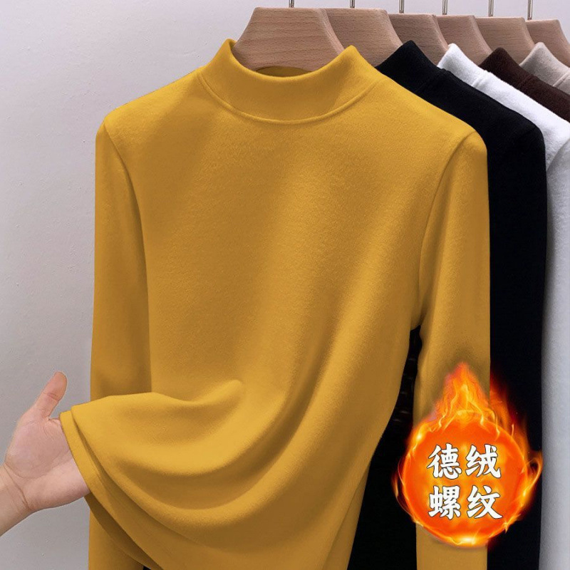 Double-Sided Velvet Half Turtleneck Bottoming Shirt for Women, Autumn and Winter Style Fleece-Lined Large Size 2025 New Brushed Top