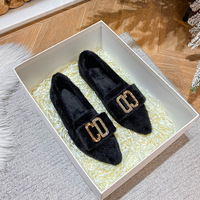 2026 new pointed hairy shoes autumn and winter flat cotton shoes fashionable and versatile black suede single shoe size 41-43