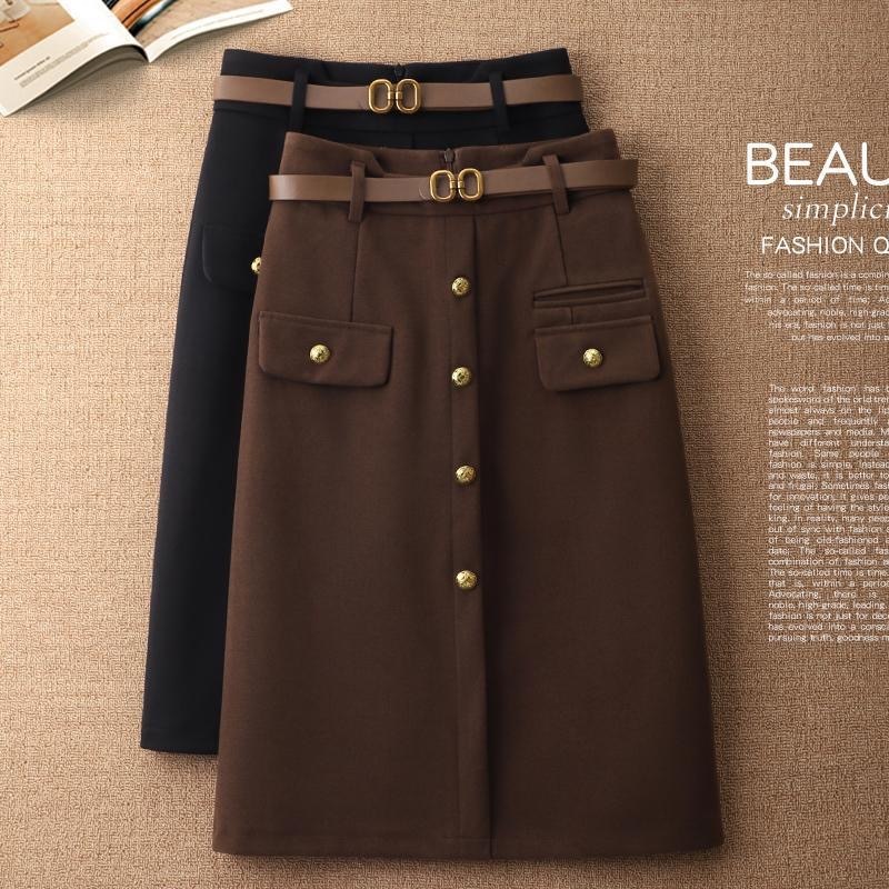 2025 Spring and Autumn and Winter New Woolen Skirt Women's High Waisted Skirt Mid-length Skirt Slimming One-Step Skirt