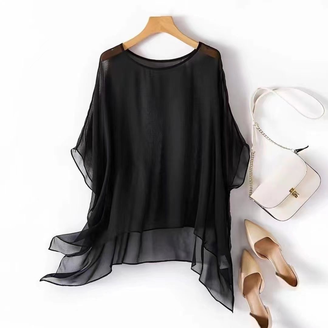 2025 Solid Color Mesh Cover-up, Lightweight and Slightly Sheer, Irregular Plus Size Loose T-Shirt, Cool and Breathable, Suitable for Outerwear